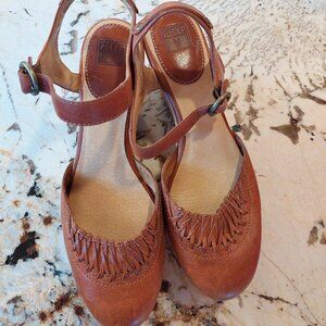 Frye Blair Ankle Strap, Leather Upper Mary Jane  size 10,  Wooden Wedge Shoes